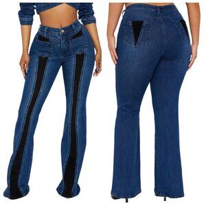 NOVA Corduroy Vertical Panel 70's Inspired High Rise Flare Stretch Jeans 16 Plus